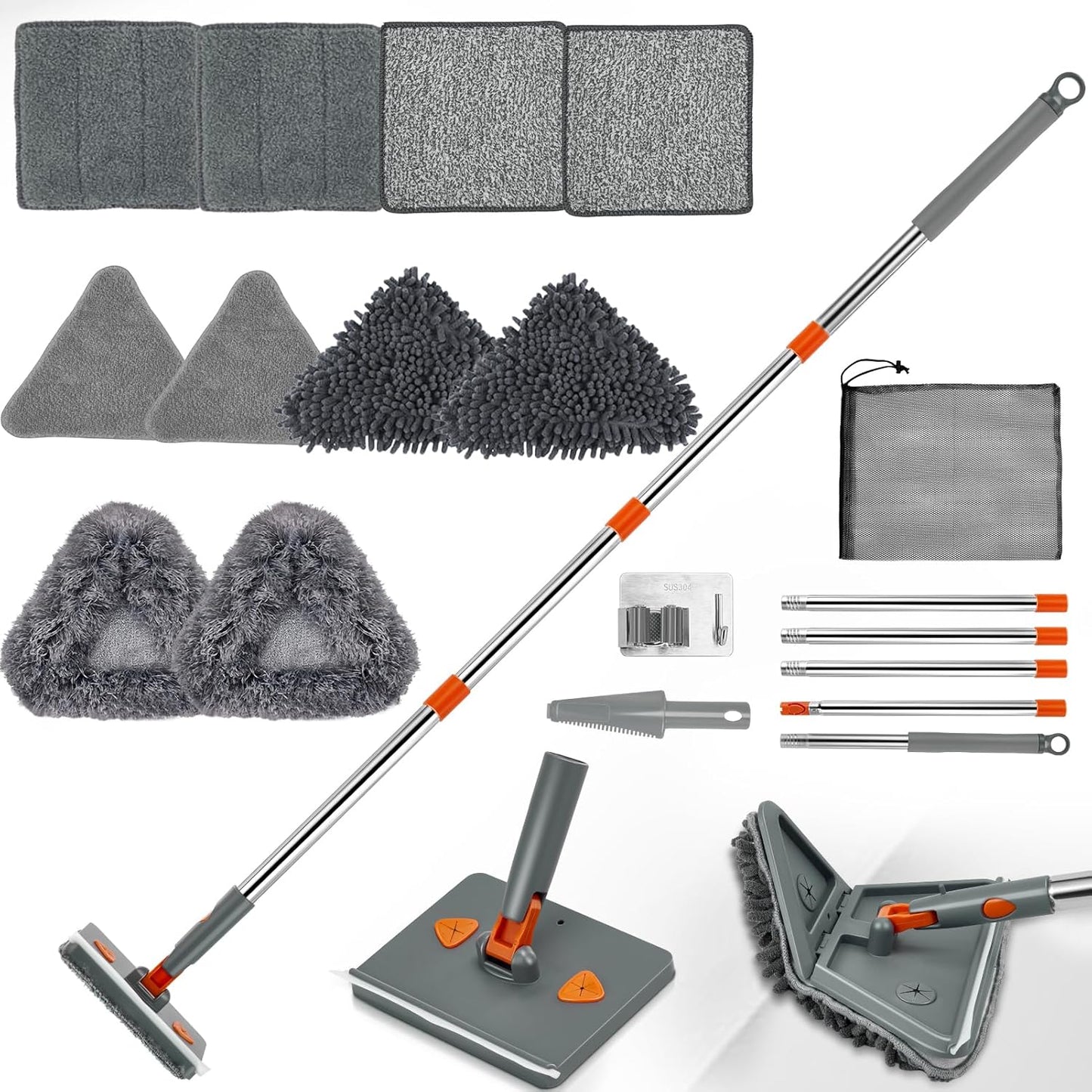 Base Board Cleaner Tool with Handle, 360 Rotating Wall Cleaner Mop, 180 Folding Ceiling Tool Duster with Squeegee for Cleaning Wall, Ceiling, Window, Floor, 8 Replacement Cleaning Pads