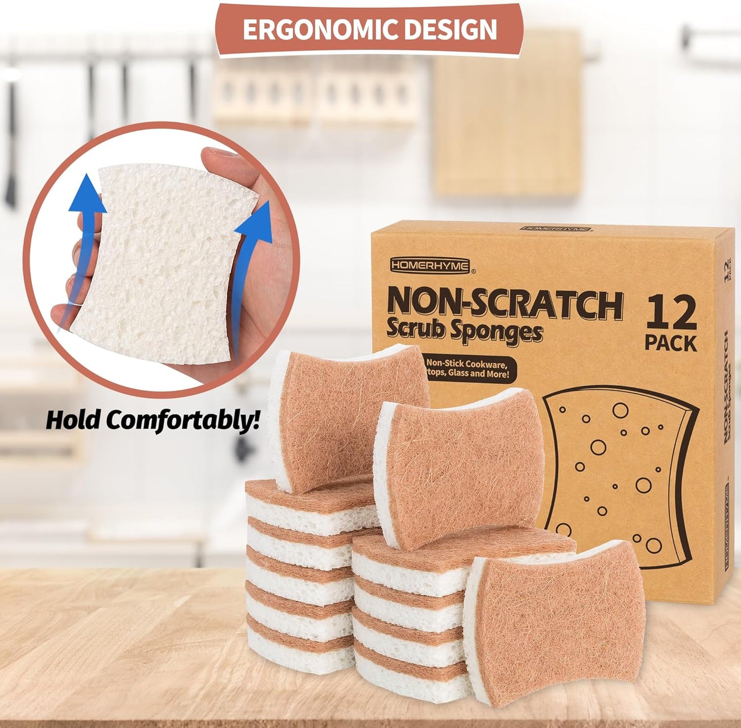 Non-Scratch Cellulose Scrub Sponges 12 Pack, Sponges Kitchen with Double-Side & Ergonomic Design for Dishes, Coated Cookware, Sink & Countertops.