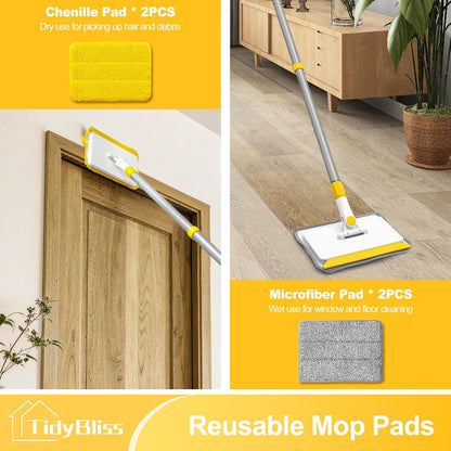 Baseboard Cleaner Tool with Handle, 55.9” Long Wall and Base Board Cleaning Mop, 4 Reusable Pads, 1 Stiff Bristle Scrubber Brush for Floorboard Ceiling Cabinet Window Bathroom (Yellow)