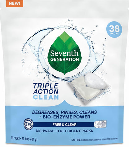 Seventh Generation Triple Action Clean Dishwasher Detergent Packs 1 pack Free & Clear For de-greasing and cleaning even the toughest food messes Fights 48-hr stuck-on food 21.3 oz