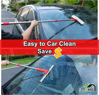 Window Washing Kit with Extension Pole, 10" Squeegee & 11" Microfiber Scrubber Combi with Stainless Steel Pole, Window Cleaner for Car, Sliding Door,Shower Glass Door-Swivel Style-2 Pads