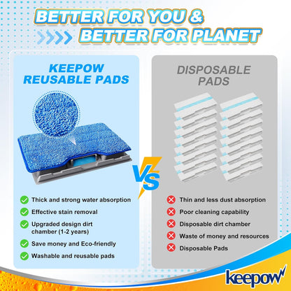 KEEPOW Reusable Mop Replacement Pads Compatible with Shark Vac Mop VM252 VM200 VC205 VM250 VM180 VM401 QM250 VM190, Washable Vacuum Mop Pad Refills, Upgraded Design of Dirt Chamber (1+3+6 Pads)