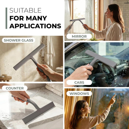 GÜTEWERK Silicone Shower Squeegee for Glass Doors & Mirrors with Stainless Steel Core, Streak-Free & No-Squeak Window Cleaning, 3-in-1 No-Drill Mount (Hook/Suction/Adhesive), Black, 9''