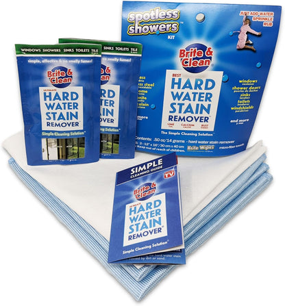 Brite & Clean® Spotless Shower Doors® Kit for Hard Water Stain Removal on Glass, Shower Doors & Windows – Removes Mineral Deposits from Granite, Porcelain, Tile, Stainless Steel & Chrome too