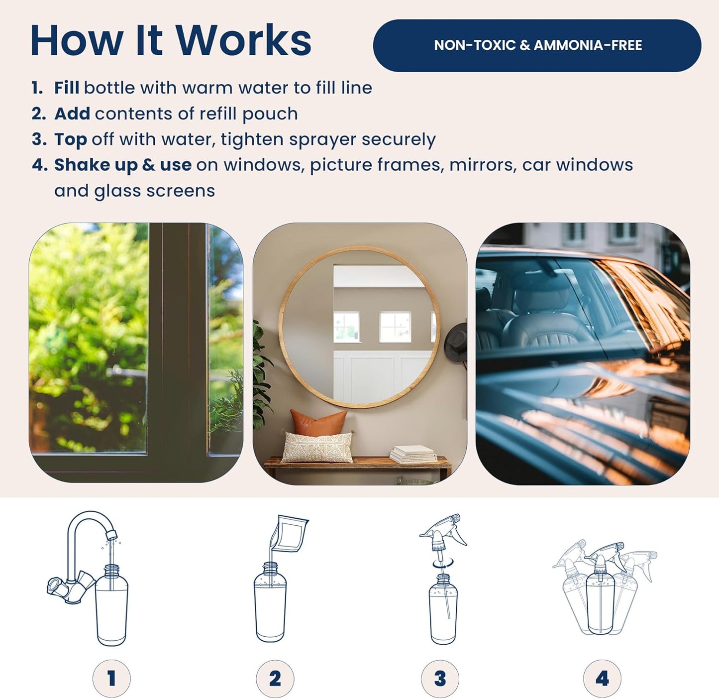 Truly Free Natural Glass Cleaner Kit - Removes Dirt & Debris for Sparkling Clean Windows & Glass Surfaces at Home, Office & Garage, Includes 16 oz Reusable Empty Bottle + Two Fills, 3 oz ea.