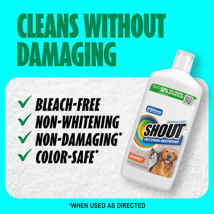 Shout Pet Stain Remover Spray, Color-Safe Multisurface & Carpet Cleaner Solution for Dog & Cat Urine, Feces, Vomit & Mud, Fights Odors & Remarking, Fast-Acting Cleans in 5 Minutes or Less, 22oz