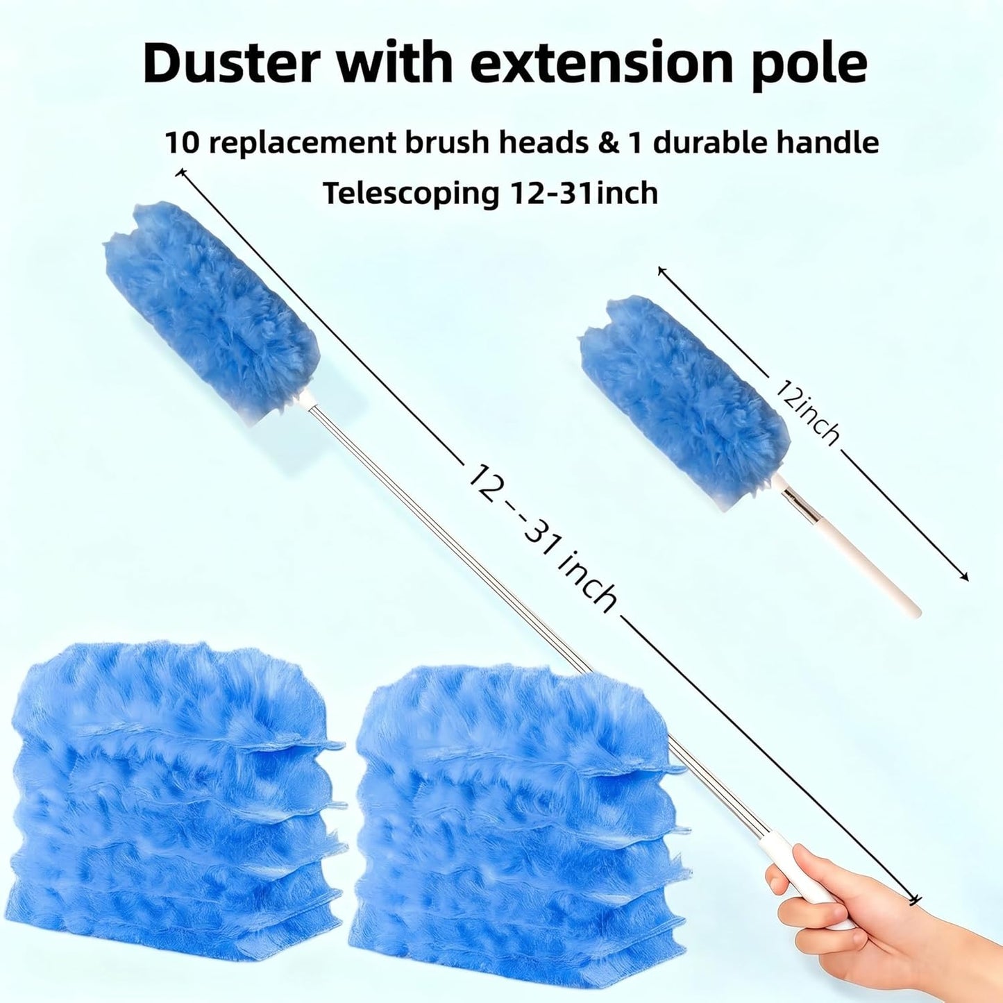 Heavy Duty Duster Refills, Disposable Dusters Kit for Cleaning Dusting Furniture Blind Ceiling Fan, Multi Surface 360 Feather Duster(10)+3FT Extended Handle（1） (Navy Blue)