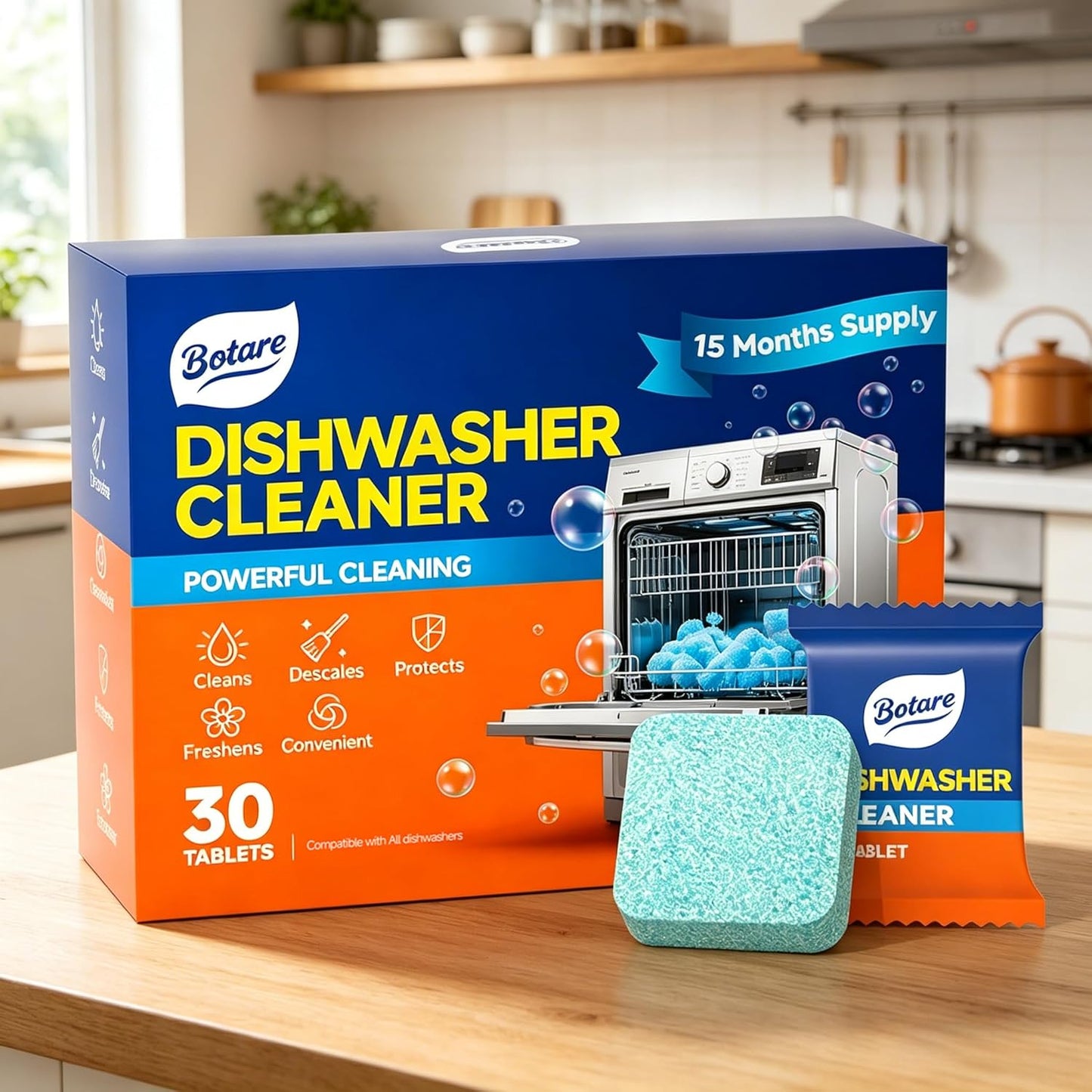 Dishwasher Cleaning Tablets -30 Pack Cleaner and Deodorizer -15 Month Suply for Hard Water Dish Washer Machine, Non Toxic Tabs for Dish, Septic Safe & Odor Remover, Lemon Scent