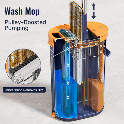 HoMettler Mop and Bucket Set with Wringer, 3-Tank Flat Mop and Bucket System, Wall Mop Cleaner with Long Handle, Hands Free Mops for Floor Cleaning with 4 Microfiber Pads