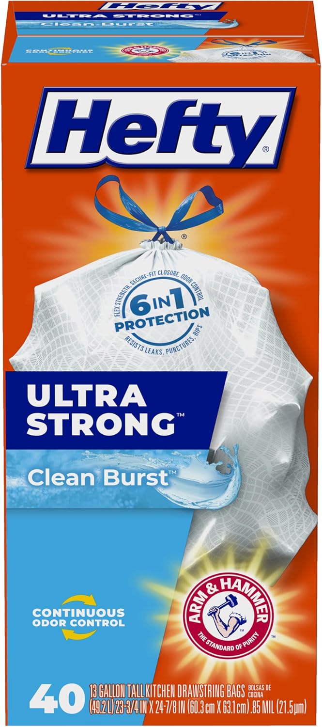 Hefty Ultra Strong 13 Gallon Trash Bags, Tall Kitchen Trash Bags 13 Gallon Size, Drawstring Closure, Continuous Odor Control, White, Lavender and Sweet Vanilla Scent, 80 Bags