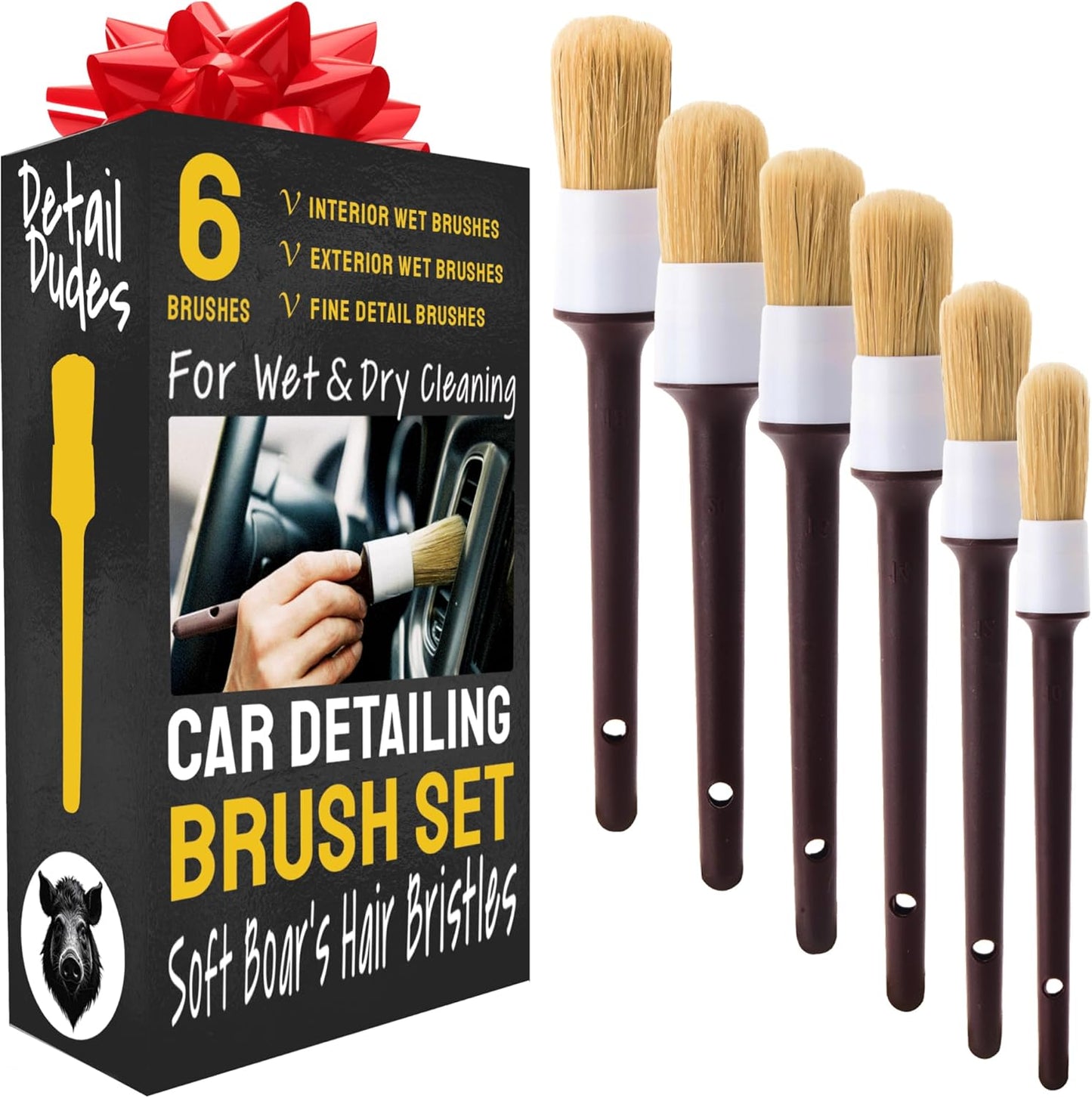 Detail Dudes Car Detailing Brush Set 3-pc - Scratch-Free Boars Hair for Interior and Exterior Work - Pro Quality Car Cleaning Brush Kit for Leather Seats, Dashboards, Wheels, Grills and Paint