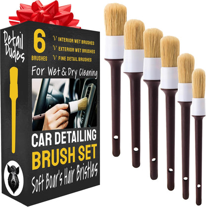 Detail Dudes Car Detailing Brush Set 3-pc - Scratch-Free Boars Hair for Interior and Exterior Work - Pro Quality Car Cleaning Brush Kit for Leather Seats, Dashboards, Wheels, Grills and Paint