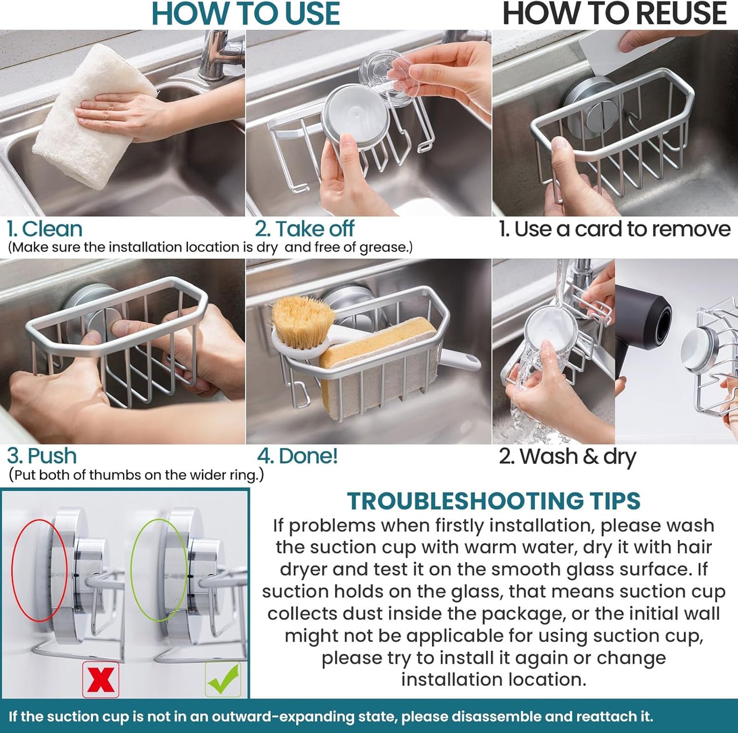 TAILI Sponge Holder for Kitchen Sink with Strong Suction Cup, Rustproof Aluminum Sink Caddy for Sponges, Removable Sponge Holder, Dish Brush for Scraper - Silver