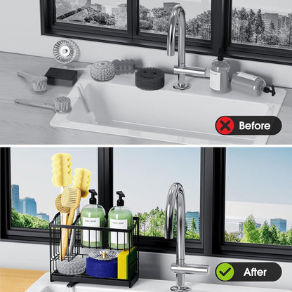 Kitchen Sink Caddy, 2-Tier Self-Draining Sponge & Dish Brush Holder, Rustproof 304 Stainless Steel Space-Saving Organizer with Drying Tray, Black