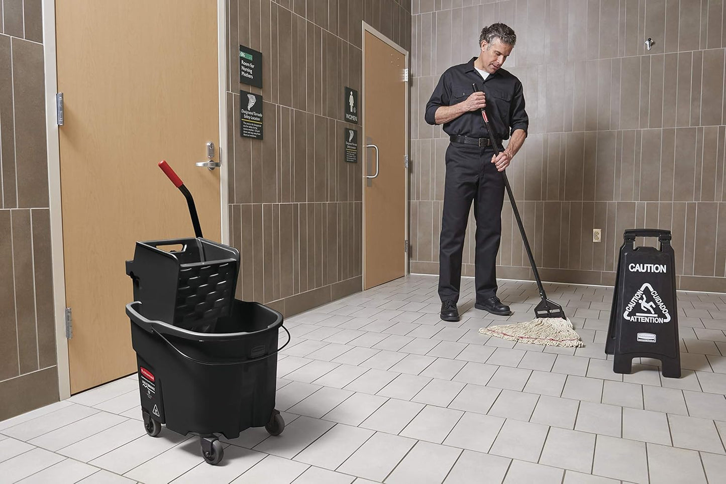 Rubbermaid Commercial Products WaveBrake 35 QT Side-Press Mop Bucket and Wringer Combo on Wheels Red for Heavy-Duty Floor Cleaning