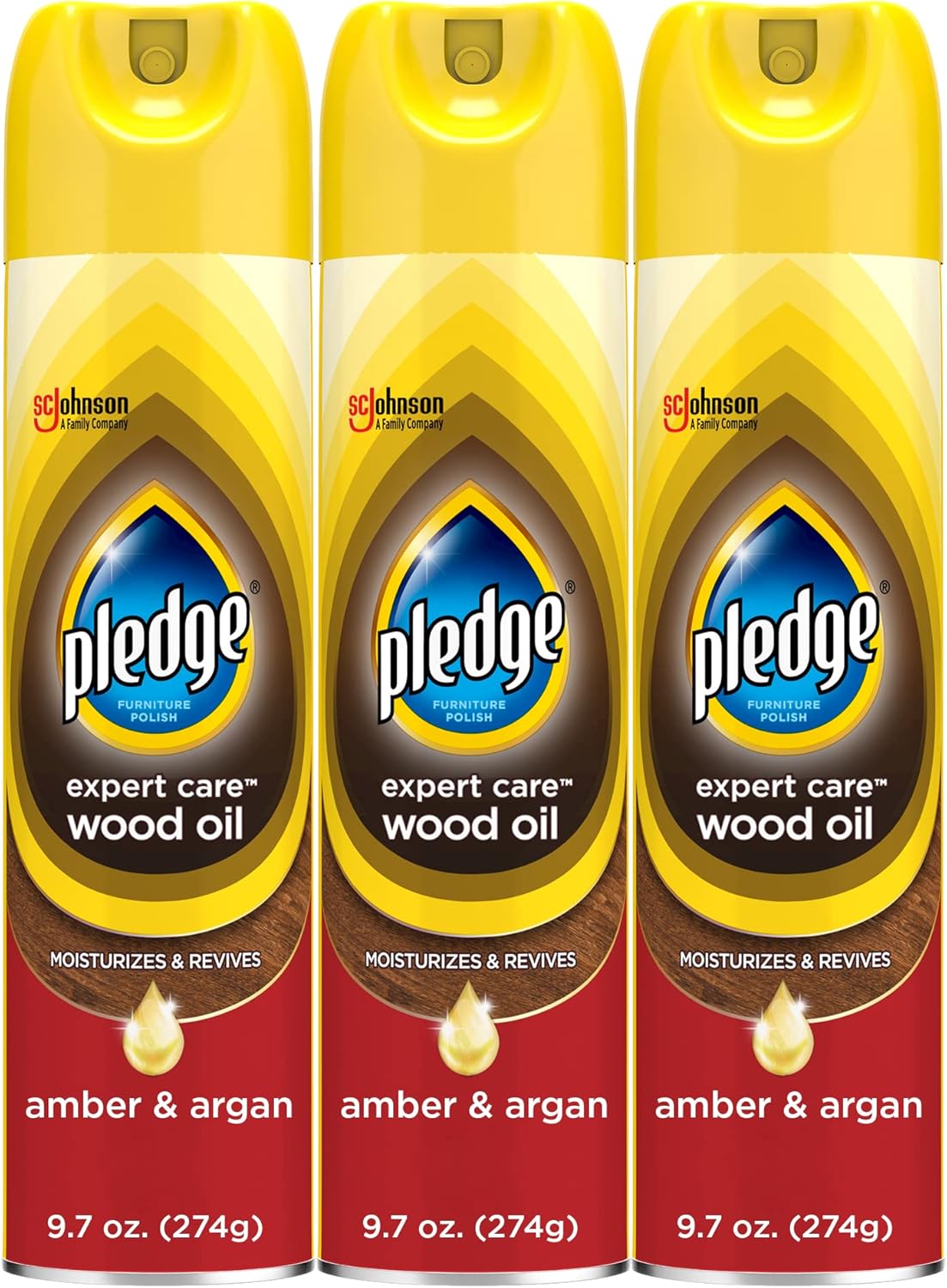 Pledge Moisturizing Wood Oil, Furniture Reviving and Protecting Conditioner and Dusting Spray, Revitalizes Wood, Sealed Leather and Laminate, Made with Mineral Oils - Amber & Argan Scent, 9.7oz