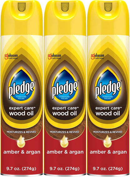 Pledge Moisturizing Wood Oil, Furniture Reviving and Protecting Conditioner and Dusting Spray, Revitalizes Wood, Sealed Leather and Laminate, Made with Mineral Oils - Amber & Argan Scent, 9.7oz
