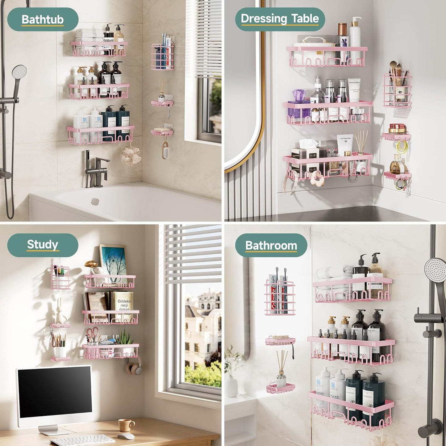 Veken Shower Caddy 6-Pack, Advanced Rustproof Design, No Drilling Adhesive Shelves, Rack with Soap Holder, Large Capacity Bathroom Organizers and Storage, Wall-Mounted, Gifts for Women Mom