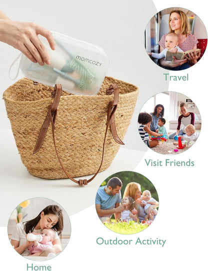 Momcozy Bottle Brush Set - Baby Bottle Cleaner Kit with Silicone Brush, Nipple Brush, Straw Brush, Soap Dispenser, Drying Rack - 7 in 1 Bottle Cleaning Tool for Home and Travel, Green