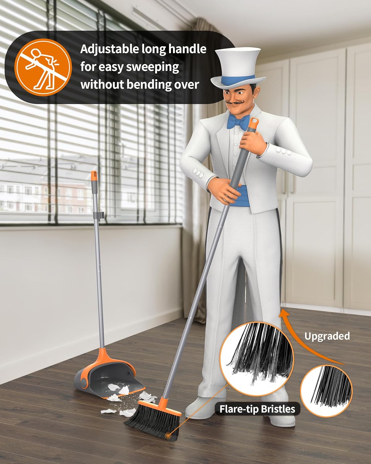 MR.SIGA Broom and Dustpan Set with Adjustable Long Handle, Upright Combo for Floor, Cleaning Lobby, Gray