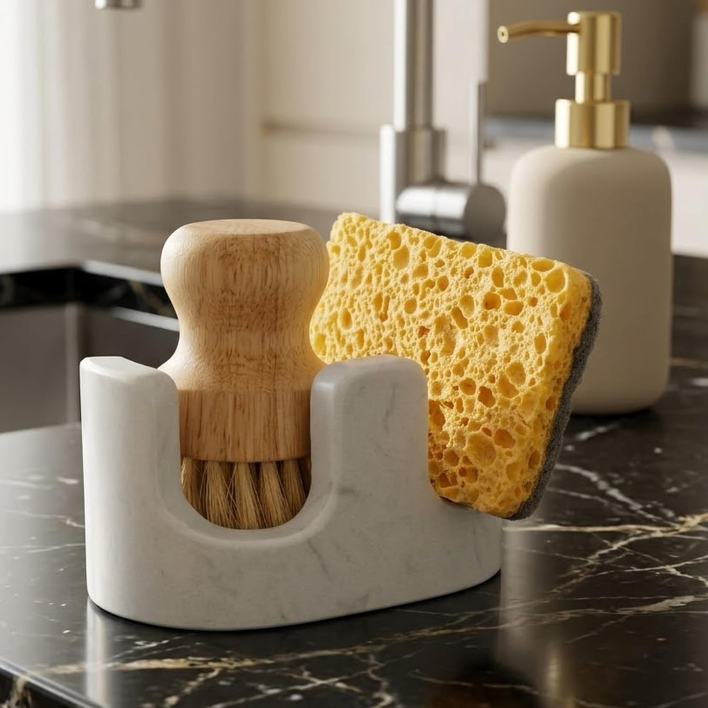 White Marble Sponge Holder for Kitchen Sink, 2-in-1 Sponge & Brush Holder with Raised Edge, 2 Slot Natural Stone Sink Caddy for Countertop, Keeps Countertops Dry, Non-Slip Base, Modern Kitchen Decor