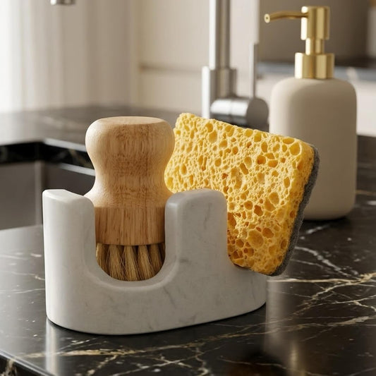 White Marble Sponge Holder for Kitchen Sink, 2-in-1 Sponge & Brush Holder with Raised Edge, 2 Slot Natural Stone Sink Caddy for Countertop, Keeps Countertops Dry, Non-Slip Base, Modern Kitchen Decor