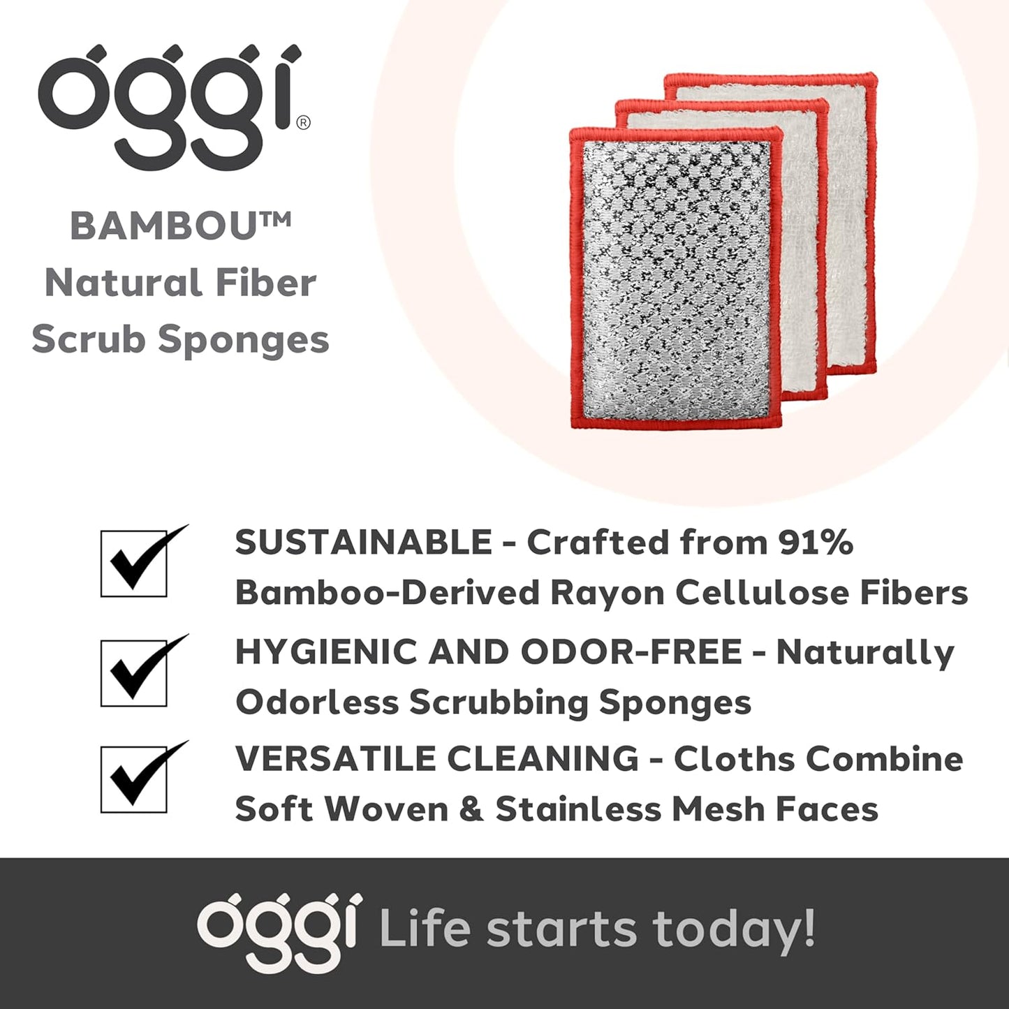 OGGI Bambou Odor-Free Scrubbing Sponges - Natural Scrub Sponges for Dishes, 91% Bamboo-Derived Rayon Cellulose Fiber, Reusable, Absorbent, Durable Scrubbers, Non-Scratch, Washable - 3 pcs, 7x4