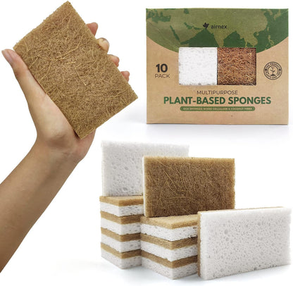 AIRNEX Biodegradable Natural Kitchen Sponges Pack of 6 - Cellulose and Coconut Walnut Scrubber Sponge - Eco Friendly Sponges for Dishes