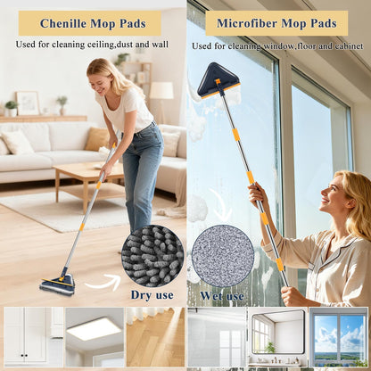 Base Board Cleaner Tool with Handle, 360 Rotating Wall Cleaner Mop, 180 Folding Ceiling Tool Duster with Squeegee for Cleaning Wall, Ceiling, Window, Floor, 8 Replacement Cleaning Pads