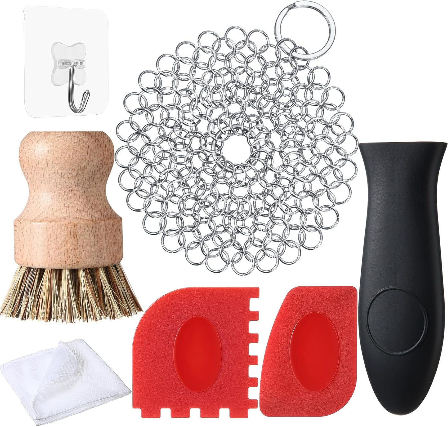 Patelai 7 Pieces Cast Iron Cleaner Set Include Stainless Steel Chainmail Scrubber with Bamboo Dish Scrub Brush Hot Handle Holder 2 Pan Grill Scrapers Kitchen Towel Wall Hook (Bright Color)