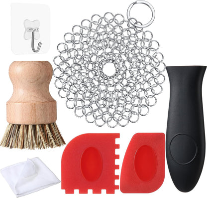 Patelai 7 Pieces Cast Iron Cleaner Set Include Stainless Steel Chainmail Scrubber with Bamboo Dish Scrub Brush Hot Handle Holder 2 Pan Grill Scrapers Kitchen Towel Wall Hook (Bright Color)
