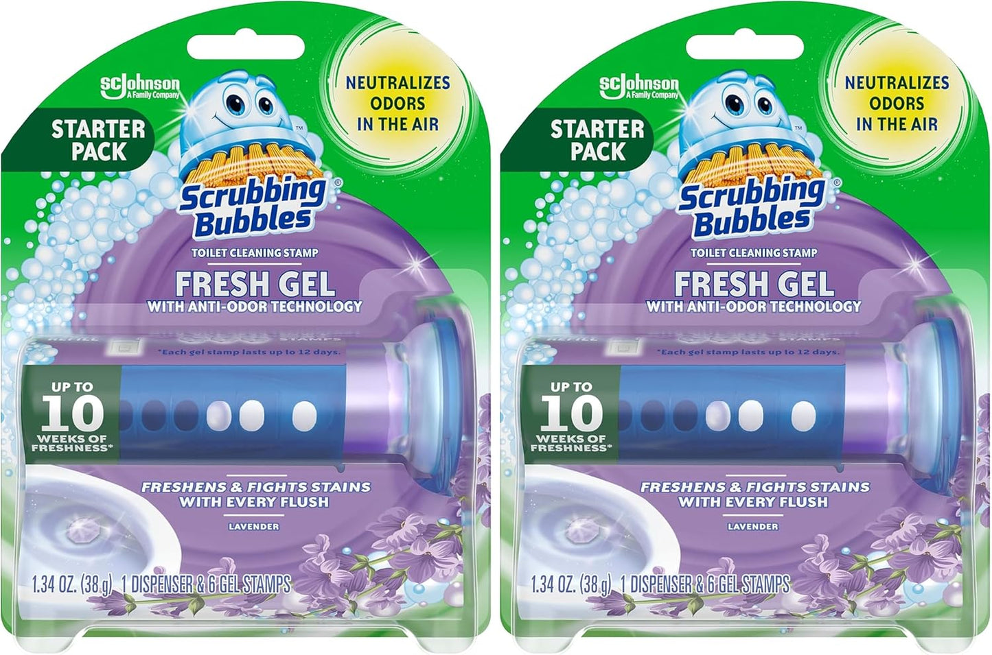 Scrubbing Bubbles Toilet Gel Stamps, Fresh Gel Toilet Cleaning Stamps, Helps Keep Toilet Clean and Helps Prevent Limescale & Toilet Rings, Lavender Scent, 1 Dispenser with 6 Stamps (Pack of 2)
