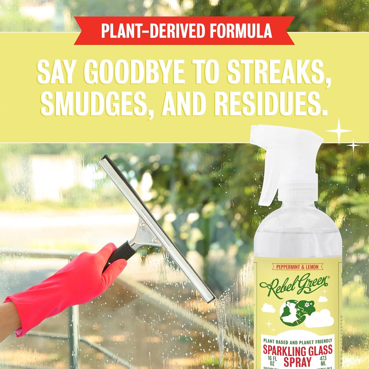 Rebel Green Sparkling Glass Spray - Streak-Free Natural Glass Cleaner for Windows, Mirrors, and Surfaces - Lavender & Grapefruit Scent - 16 oz - 2 Pack