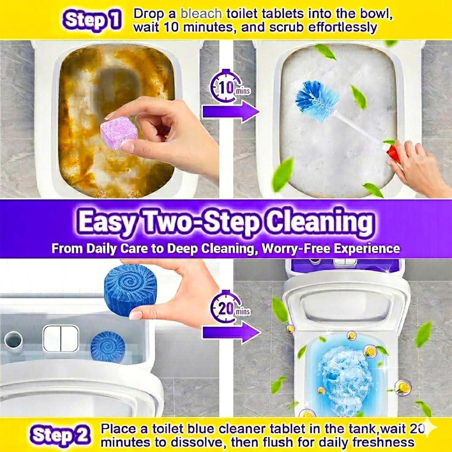 2-in-1 Toilet Cleaning Tablets (48 Pack) - 16 Effervescent Toilet Bowl Stain Remover and 32 Blue White Toilet Tank Cleaner Tablets - Limescale Removal for Septic System