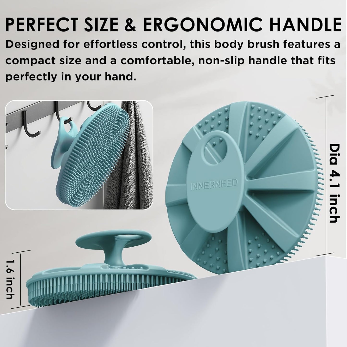INNERNEED Food-Grade Soft Silicone Body Scrubber Shower Brush Handheld Cleansing Skin Brush, Gentle Exfoliating and Lather Well (Black)