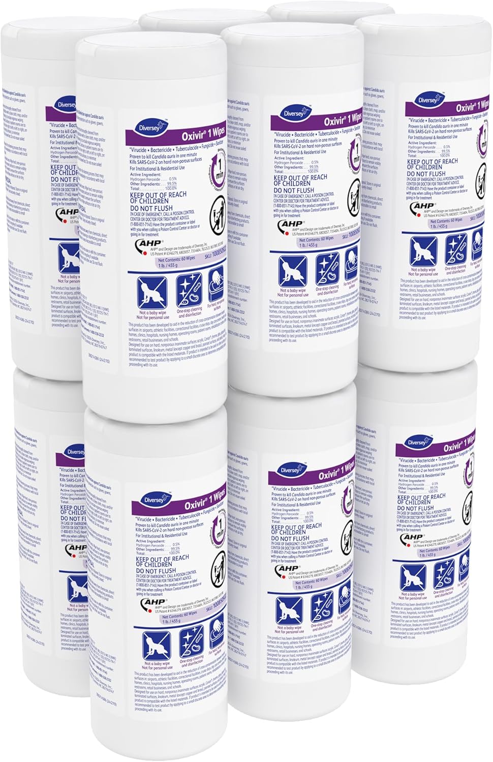Oxivir Diversey 1 Disinfectant Wipes, AHP Hydrogen Peroxide Cleaner, Multi-Surface Cleaner for Home & Commercial Use, Medium Wipes, 60 Count Slim Canister