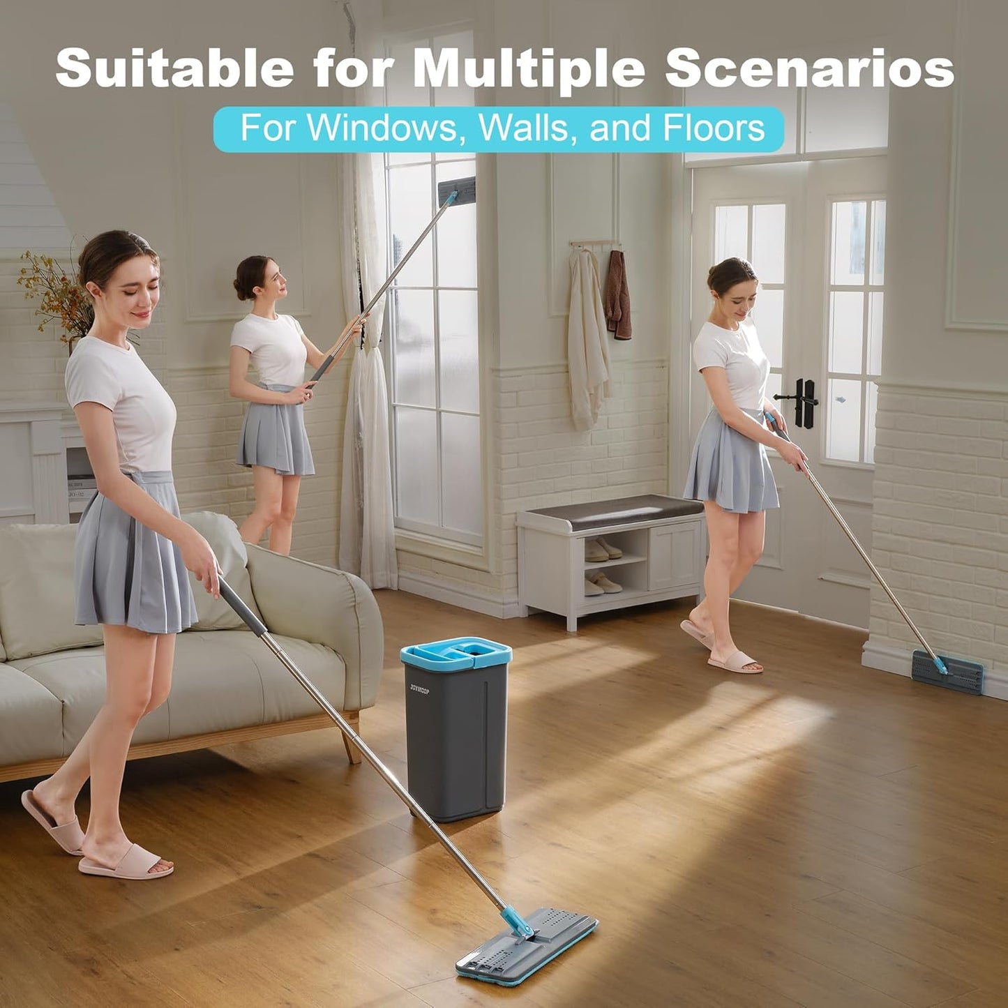 JOYMOOP Flat Mops, Microfiber Mop for Floor Cleaning and Wall Cleaner, 50" Mop Handle with Flexible 13" Flat Head with a Microfiber Mop Pad - White