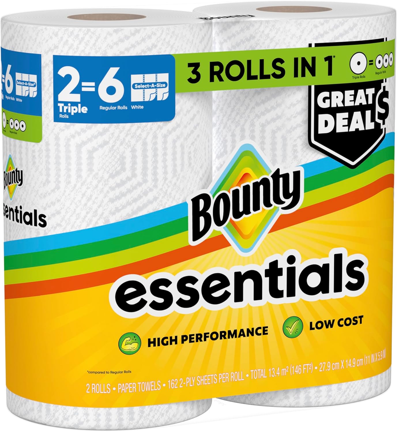 Bounty Essentials Select-A-Size Paper Towels, White, 2 Triple Rolls = 6 Regular Rolls (Packaging May Vary)