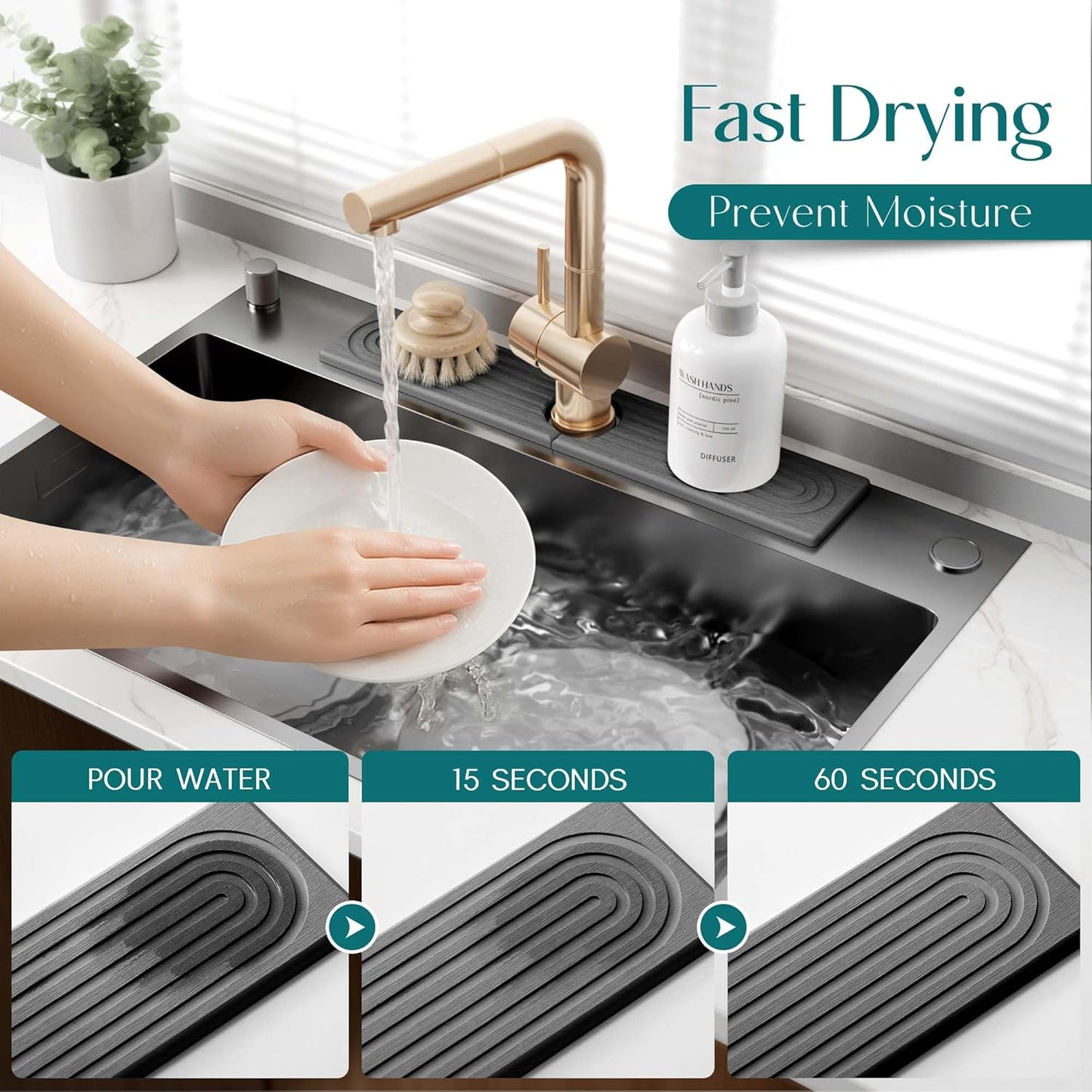 Eormoe Faucet Mat for Kitchen Sink – Diatomite Stone Drying Mat & Sink Protectors, Prevent Moisture – Sink Splash Guard Water-Absorbing Stone Tray for Bathroom Counter (Light Grey, 23.6" x 3.9")