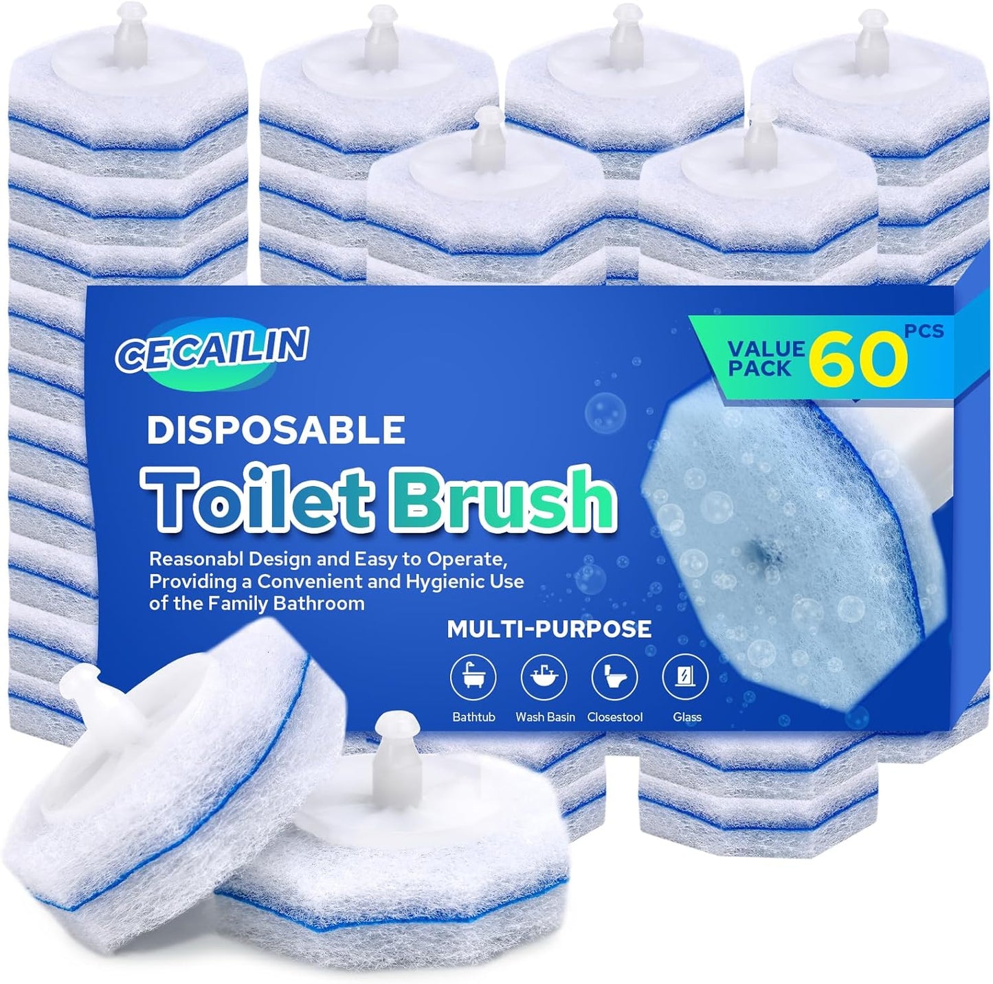 Cecailin® 60pcs Disposable Toilet Brush. Bathroom Cleaning. Disposable bowl cleaners Compatible with Most Toilet Brushes