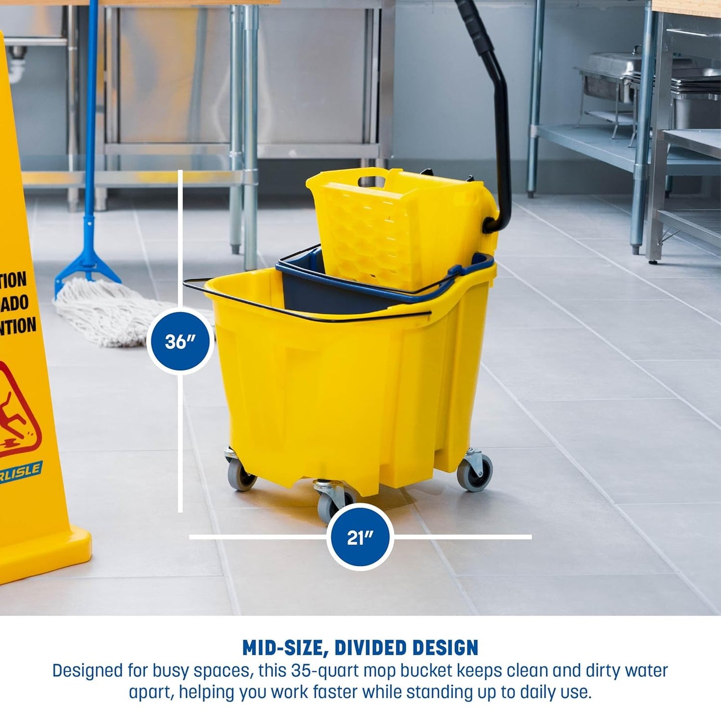 Carlisle FoodService Products Omnifit Mop Bucket with Side Press Wringer and Soiled Water Insert for Floor Cleaning, Kitchens, Restaurants, And Janitorial Use, Polypropylene (Pp), 35 Quarts, Yellow