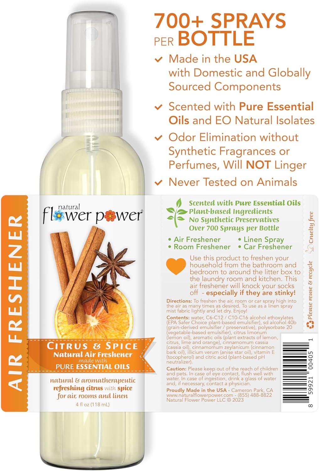 Natural Flower Power Air Freshener Spray - Odor Eliminator with Essential Oils for Home, Car & Fabric - Cruelty Free & Vegan - Variety Pack - Citrus & Spice + Lavender + Lemongrass - 3 x 4 fl oz