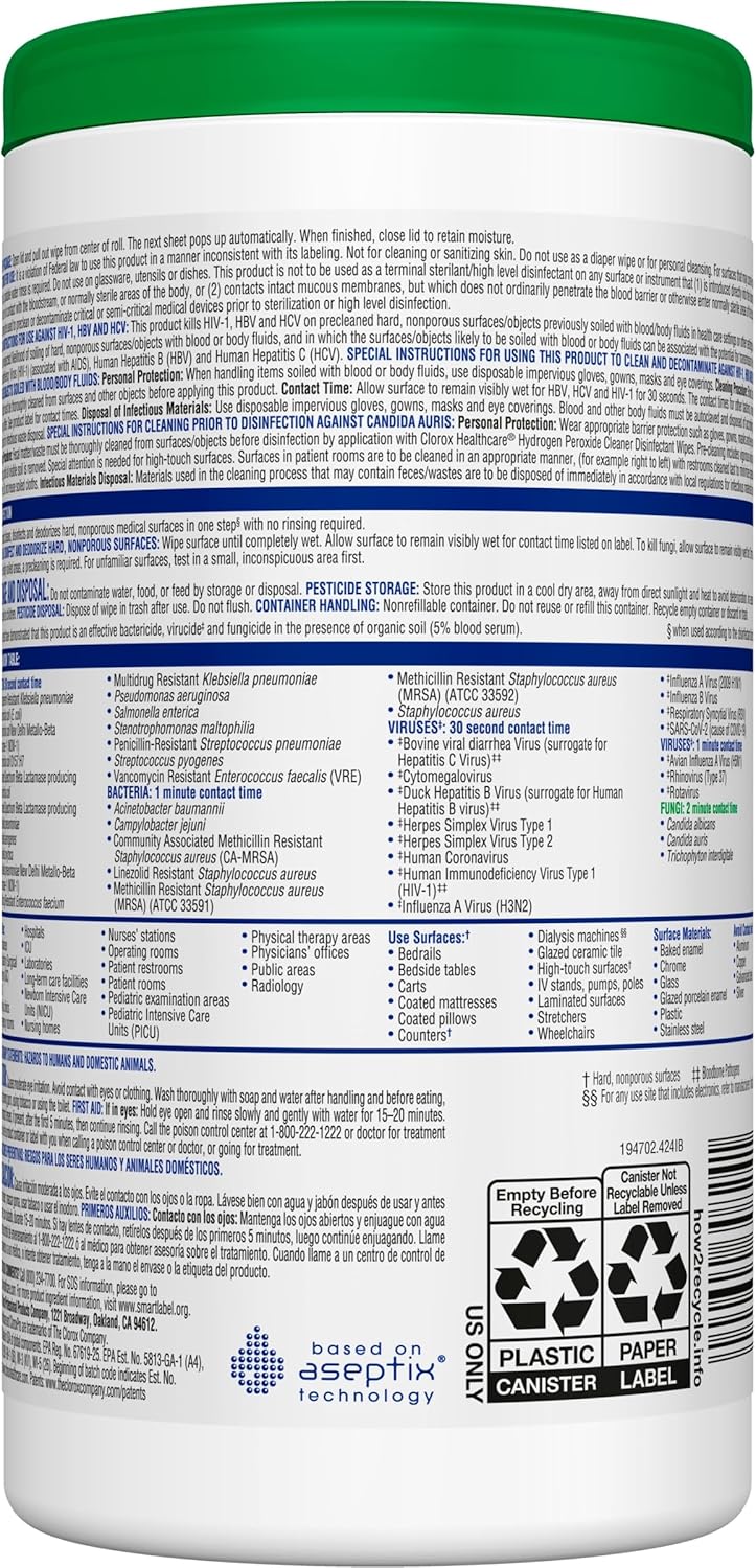 Clorox Healthcare Hydrogen Peroxide Cleaner Disinfectant Wipes, 12" x 11", Bucket, 185 Count (Package May Vary)