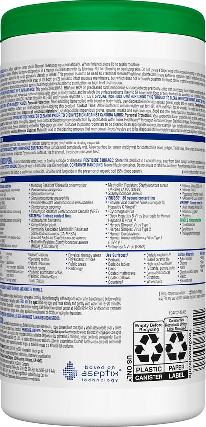 Clorox Healthcare Hydrogen Peroxide Cleaner Disinfectant Wipes, 12" x 11", Bucket, 185 Count (Package May Vary)