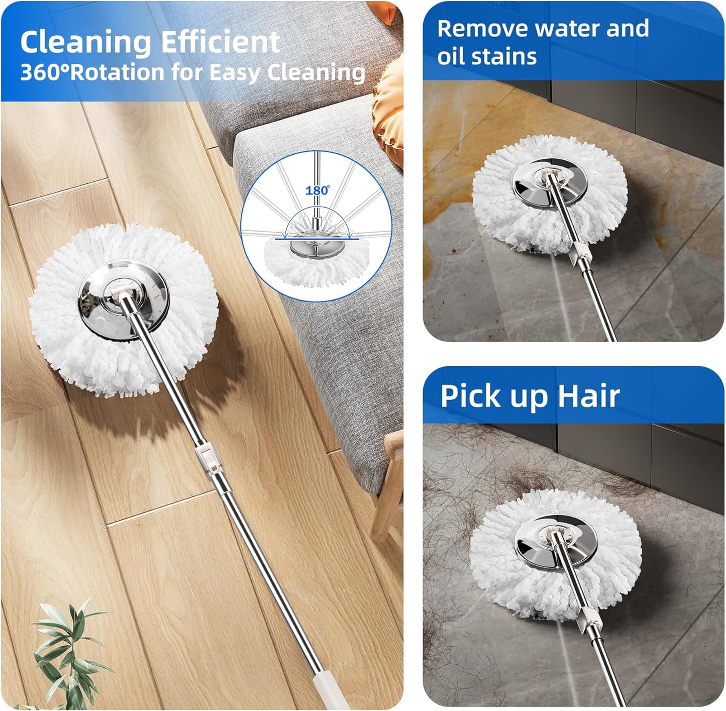Spin Mop and Bucket with Wringer Set for Home,360° Mop and Bucket with Separate Clean and Dirty Water,Wet Dust Mop for Floor Cleaning with Extra Refills (Silver)