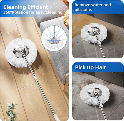Spin Mop and Bucket with Wringer Set for Home,360° Mop and Bucket with Separate Clean and Dirty Water,Wet Dust Mop for Floor Cleaning with Extra Refills (Silver)
