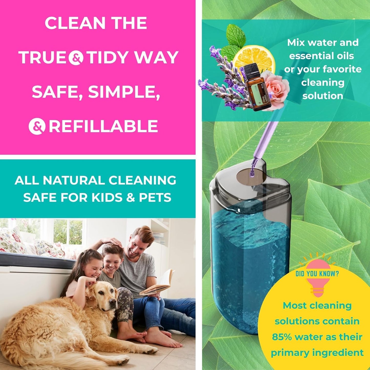 True & Tidy® SPRAY-250 Multi-Surface Spray Mop with 490ml Refillable Water Bottle for Floor Cleaning, Works on Wood, Tile, Marble etc, Use Any Cleaning Solution, Machine Washable Microfiber Mop Pads