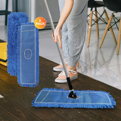 3 Pack 24 Inch Microfiber Dust Mop Head, Medium Washable Commercial Sweeper and Janitorial, Blue