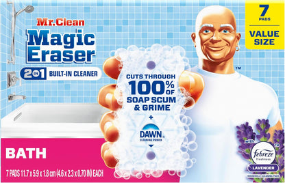 Mr. Clean Magic Eraser Sponge, Bathroom Cleaner, Shower Cleaner, Tub Cleaner, Soap Scum Remover, Bathroom Cleaning Supplies, Dawn Cleaning Power with Febreze Lavender Scent, 5ct