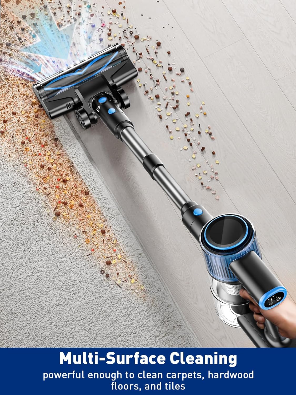 VOKENE Cordless Vacuum Cleaner, 8 in 1 Powerful Suction Lightweight Vacuum Cleaner for Home, LED Display, 3 Suction Modes, 45Mins Detachable Battery Vacuum for Hard Floor Carpet Pet Hair